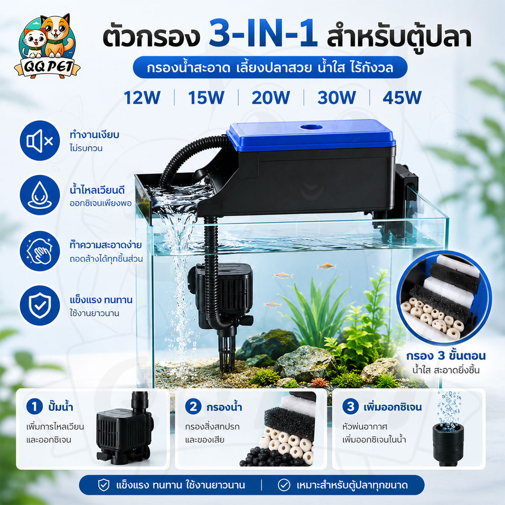 QQPET กรองบนตู้ปลา 3 in 1  กรองบนตู้ กรองน้ำตู้ปลา ปั๊มน้ำ ปั๊มน้ำตู้ปลา เสียงเงียบ ทำความสะอาดง่าย