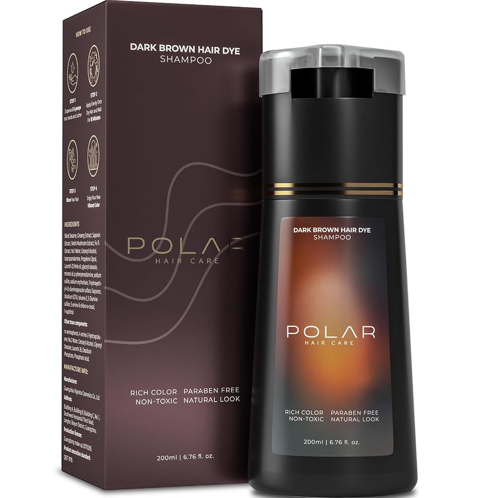 Polar Haircare - แชมพูย้อมผมสําหรับผมหงอกสําหรับผู้หญิงและผู้ชาย Dark Brown Natural Dye Kit - ผลิตภัณฑ์ย้อมผมกึ่งถาวร - สีมังสวิรัติ 6.76 ชั้น Oz Lasting Shampoo Dye Hair