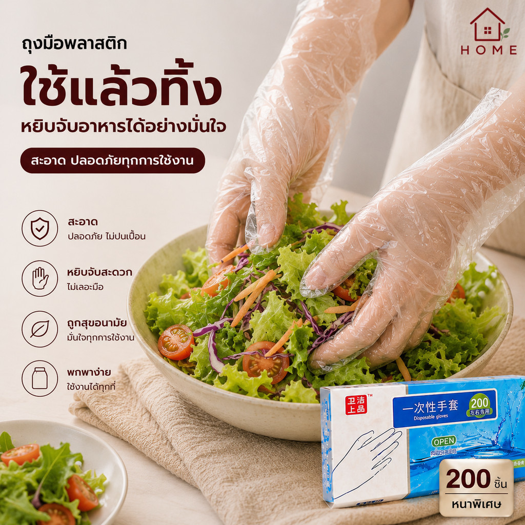 ยาวพิเศษ🔥 ถุงมือพลาสติกใช้แล้วทิ้ง  200 ชิ้น หนาพิเศษ 0.6g ยาว29cm ปิดข้อมือ Food Grade ถุงมือทำอาหาร  Plastic Gloves