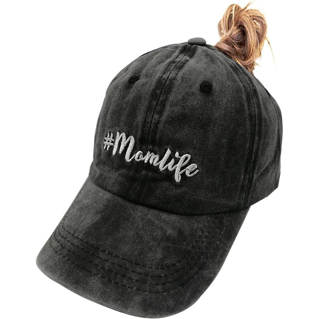 MomLifePonytailBaseballCapMessyBunVintageWashedDistressedTwillPlainHatforWomen JXC9