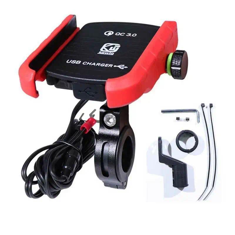 E Motorbike 360 Degree Motorcycle Handlebar Mirror Cell Phone Mount Holder with QC 3.0 USB Charger f