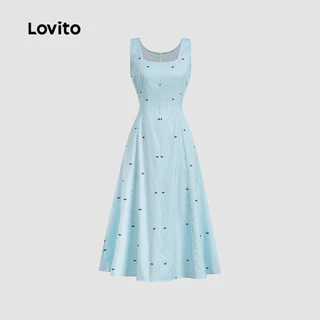 Lovito สง่างาม เดรสสำหรับฤดูใบไม้ผลิ/ฤดูร้อน สีฟ้าเนื้อผ้าโปร่งเล็กน้อย สำหรับผู้หญิง เดรสเที่ยวเขา L178ED455