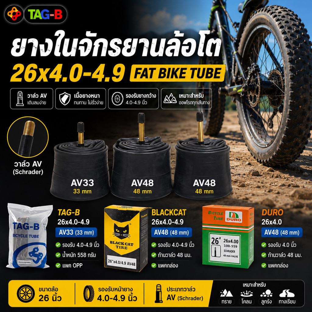 ยางในจักรยานล้อโต DURO BLACKCAT TAG-B ขนาด 26X4.0-4.9 AV33 AV48