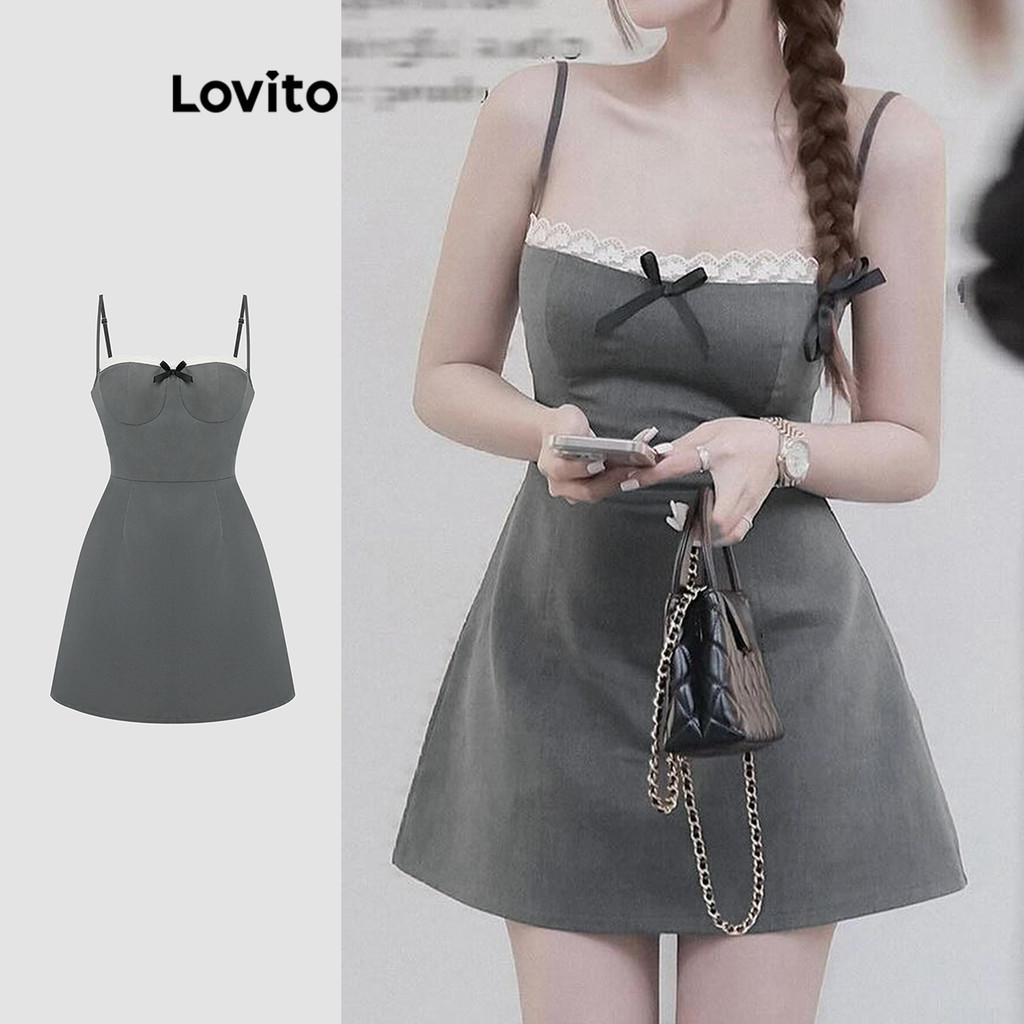 Lovito เดรสลำลองเรียบๆ มีกระเป๋า กระดุม และโบว์ สำหรับผู้หญิง L114ADDR594