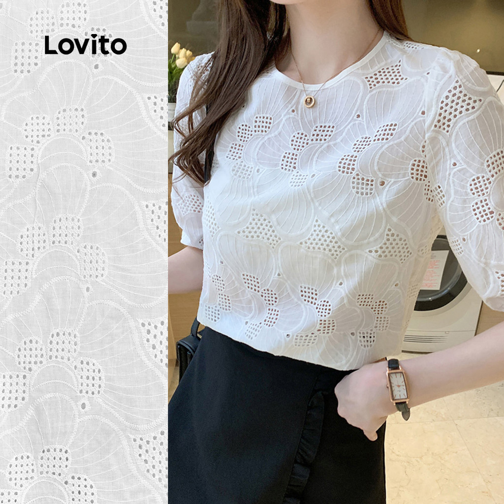 Lovito เสื้อลําลองตาไก่เย็บปักถักร้อยโครงสร้างสันทนาการสายฤดูใบไม้ผลิ/ฤดูร้อนเสื้อเชิ้ตสีขาวสําหรับผู้หญิง L135ED413
