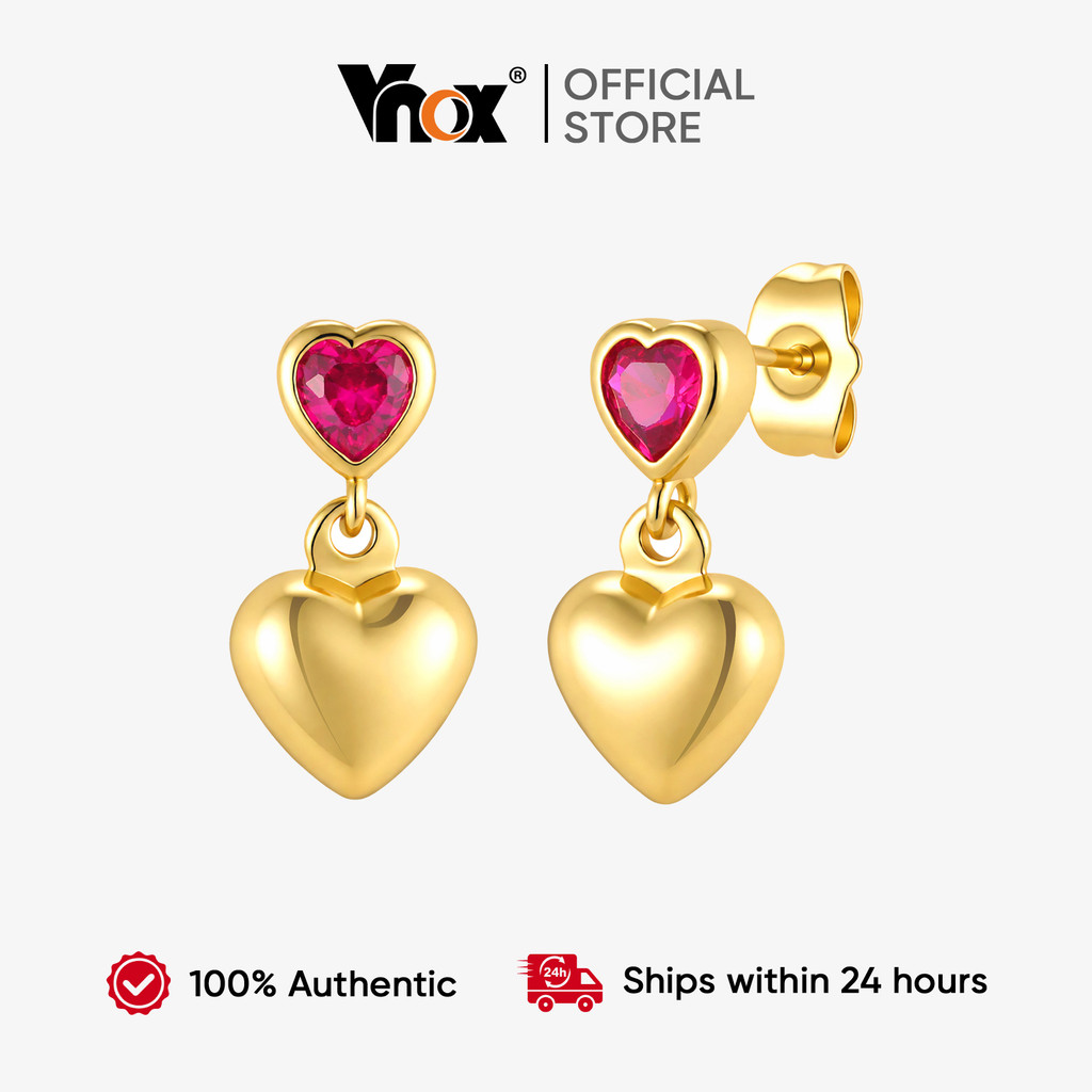 VNOX วีน็อกซ์ ชุบทองหัวใจสีแดงเพทายต่างหูห่วงสําหรับผู้หญิง,อร่อยโรแมนติกหัวใจต่างหู,กันน้ําพรรคเครื่องประดับแต่งงานของข