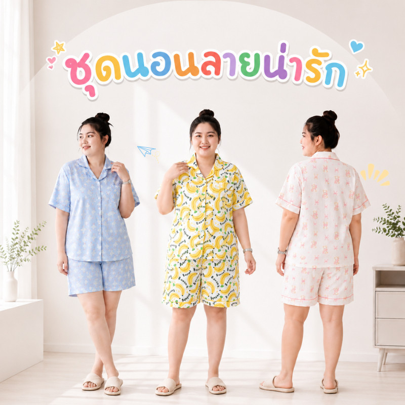 ชุดนอนสาวอวบ ไซส์ใหญ่ เสื้อคอปก แขนสั้น กางเกงขาสั้น พิมพ์ลายการ์ตูน ผ้าคอตตอนผสม เนื้อผ้านิ่ม ดีไซน