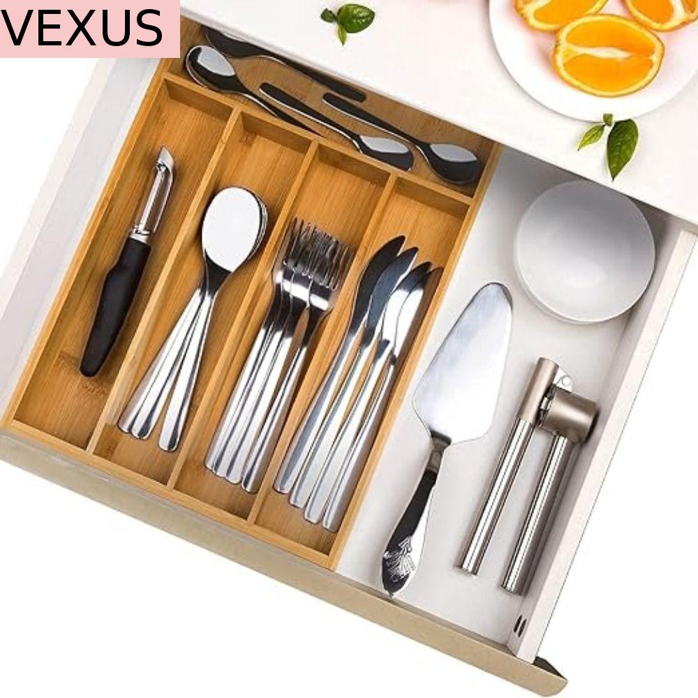 VEXUS ภาชนะลิ้นชัก Organizer,ไม้ไผ่ธรรมชาติตู้ลิ้นชัก Dividers,Silverware ถาดไม้ขยาย 5/6/7/8/9 ช่อง Grooved ช้อนส้อมถาดครัว