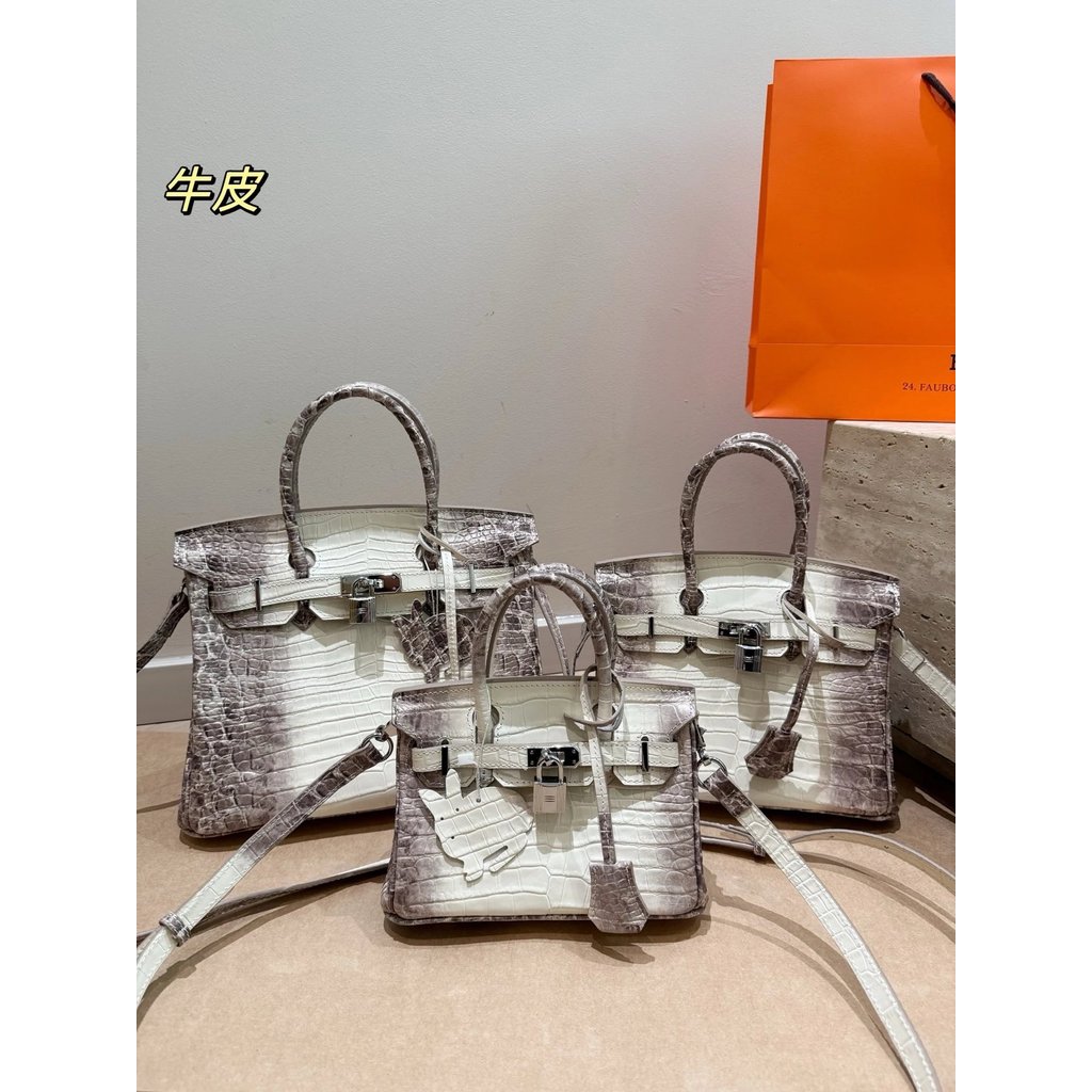 H กระเป๋าหญิง Kelly หิมาลัยหัวเข็มขัดเงินลายจระเข้ Cowhide Kelly กระเป๋ากระเป๋าถือไหล่กระเป๋า Messen