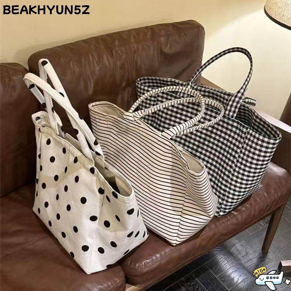 BEAKHYUN5Z Canvas Tote Bag, Stripes Print Polka Dot Print Polka Dot Bag, Cute Design Large Capacity Canvas Material Check Print Large Capacity Tote Commuting Use