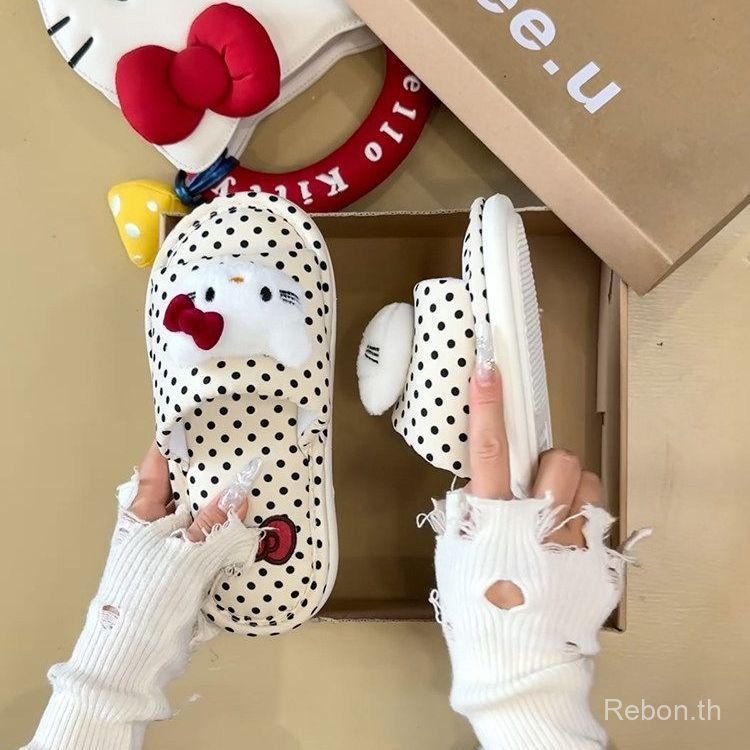 K KZ8C ญี่ปุ่น Polka Dot hellokitty รองเท้าแตะผู้หญิงผ้า Universal สบาย Anti-slip Home Floor รองเท้าแตะสามารถสวมใส่นอก