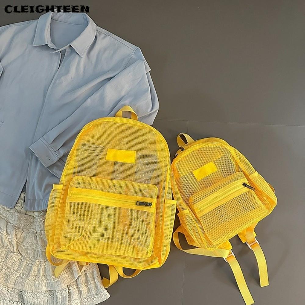 CLEIGHTEEN กระเป๋าเป้สะพายหลังตาข่าย, กระเป๋าหลายสายรัดคู่ Bookbag, Casual Breathable Mesh High Capacity Folding Transparent Backpack for Boys and Girls