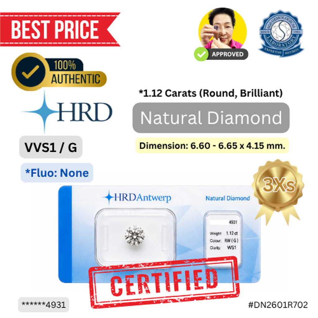 Natural Diamond เพชรธรรมชาติ G Color (1.12 ct.) / VVS1 (Round, Brilliant) *3EXs* *Non-Fluo* พร้อมใบเ