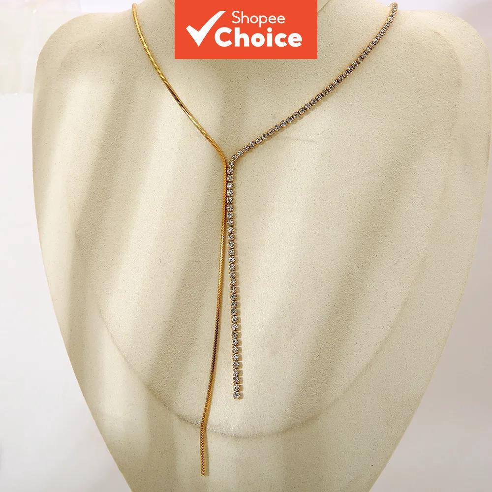 L19 สร้อยคอเทนนิส โซ่กระดูกงู สเตนเลส ชุบทอง 18K เครื่องประดับผู้หญิง ใส่ซ้อนได้