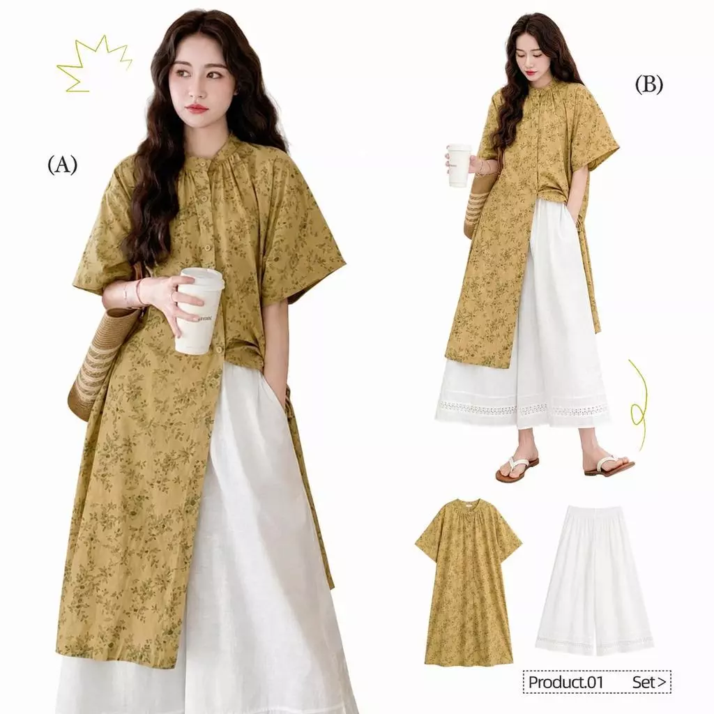 Chili Koko ชุดเซ็ตสายมินิมอล เสื้อยาวลายดอก กางเกงขากว้าง เอวสูง ใส่แล้วผอม ลุคเกาหลี/ญี่ปุ่น เที่ยว/คาเฟ่ 99479