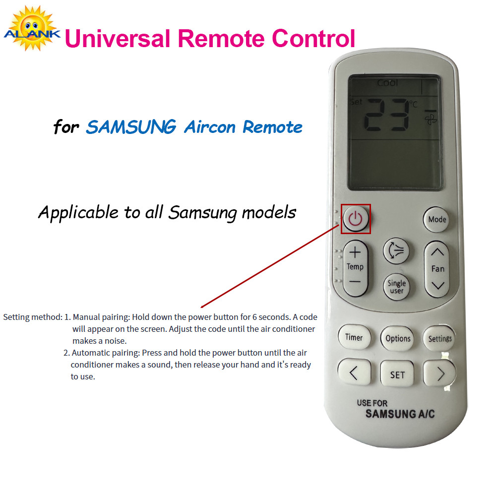 รีโมทแอร์รุ่นใหม่ ใช้งานได้ทั่วไปกับ SAMSUNG รองรับทุกรุ่น (โดยเฉพาะแอร์แบบแยกส่วน) ตั้งค่าได้ง่าย