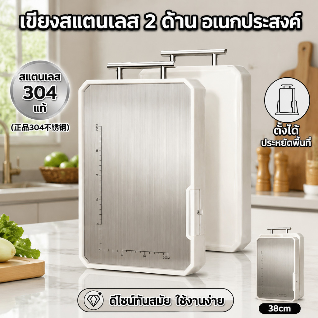 เขียงสแตนเลส304+PP เกรดอาหาร ใช้สองด้าน กันเชื้อรา
