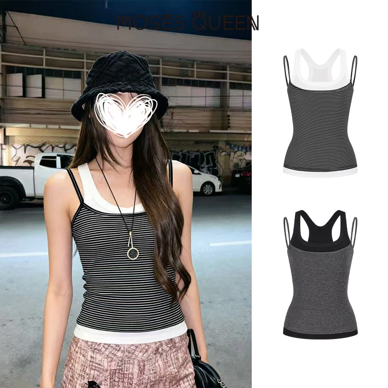 MOSESQUEEN เสื้อตัวเต็มรูปแบบสองชิ้น แบบบันเดอวัล ลายเส้นสีสลับกัน เหมาะสำหรับฤดูร้อน ไม่มีแขน ใส่ได้หลากหลาย #63762