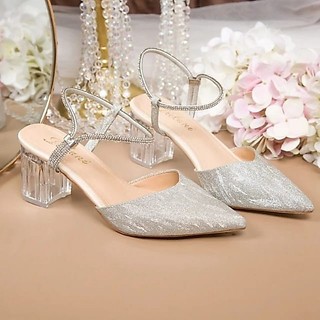 Series BH 02 Sepatu Pesta Tali Jeli Permata Transparan Sandal Heels Wanita Hak Kaca 5 Cm