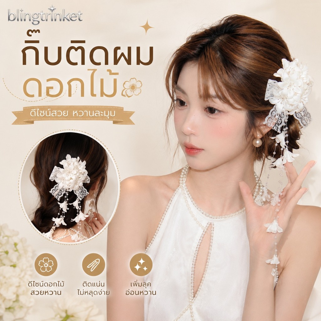 BlingTrinket 🧸🧸ขาว/ชมพู กิ๊บติดผมพู่ แฟชั่น เครื่องประดับผม ดอกไม้ ลูกไม้ ตกแต่ง น่ารักและหวาน ราคาไม่แพง ส่งไวจากไทย
