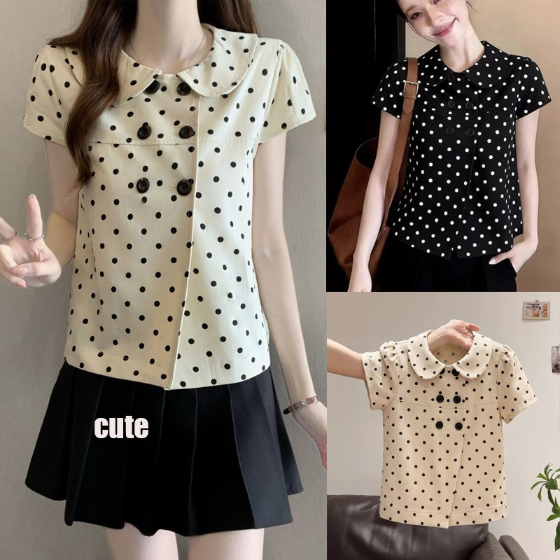 Dahong 99471 เวอร์ชั่นเกาหลี เสื้อแขนสั้น  เสื้อเชิ้ตแขนสั้นลายจุดผู้หญิง เสื้อทรงสลิมฟิต สไตล์ใหม่ น่ารักสไตล์เกาหลี