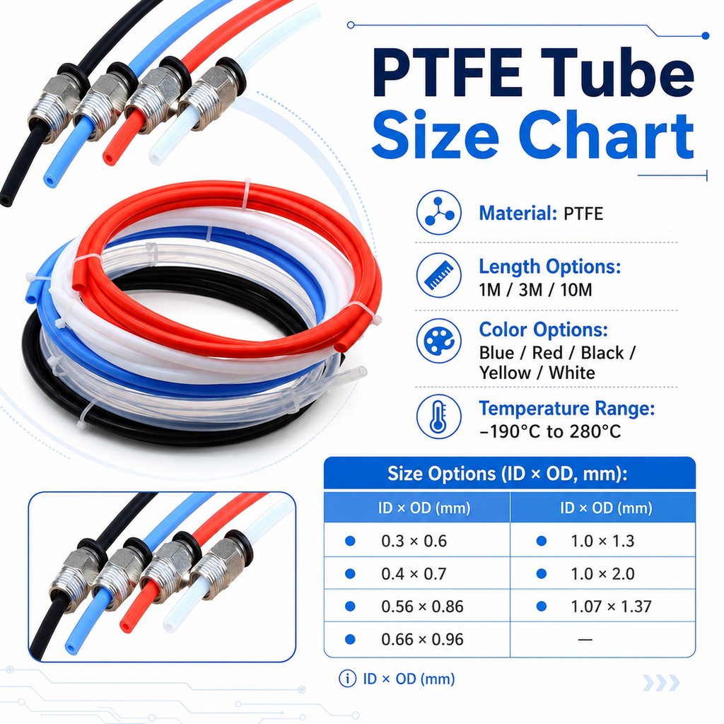 1/3/10M PTFE Tube Hose Assortment, ID 0.3/0.4/0.56/0.66/1/1.07mm, J-Head Compatible Insulated Rigid 