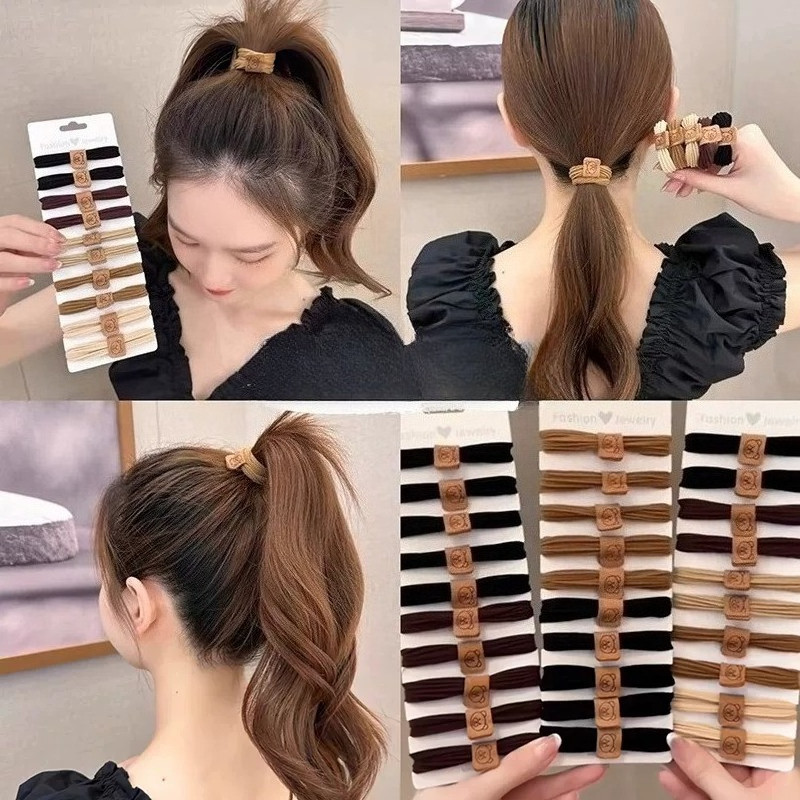 ยางรัดผมยางยืดสูงไร้รอยต่อ 10 ชิ้น ลายหมี ทนทาน สําหรับหางม้าสูง