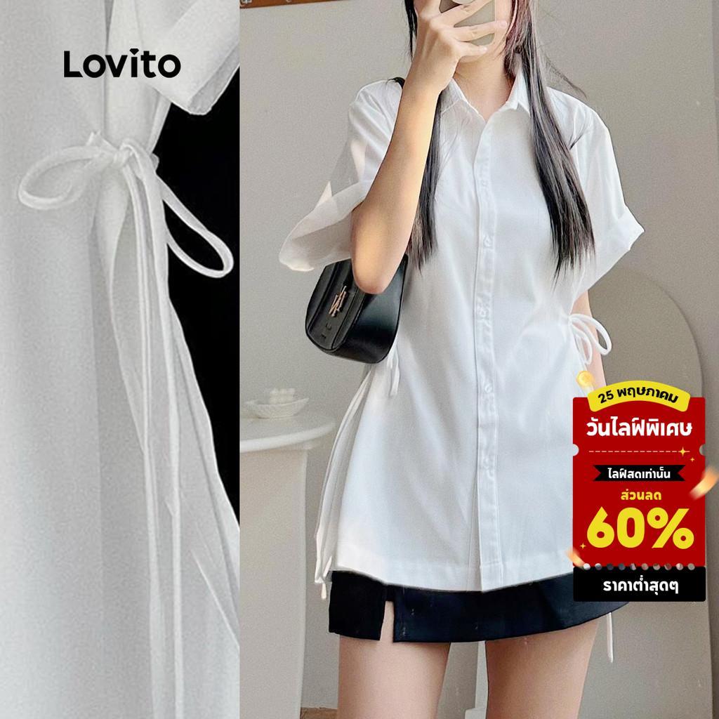 Lovito เสื้อเบลาส์สีขาวฤดูใบไม้ผลิ/ฤดูร้อนผูกเชือกลําลองสําหรับผู้หญิง L136AD094