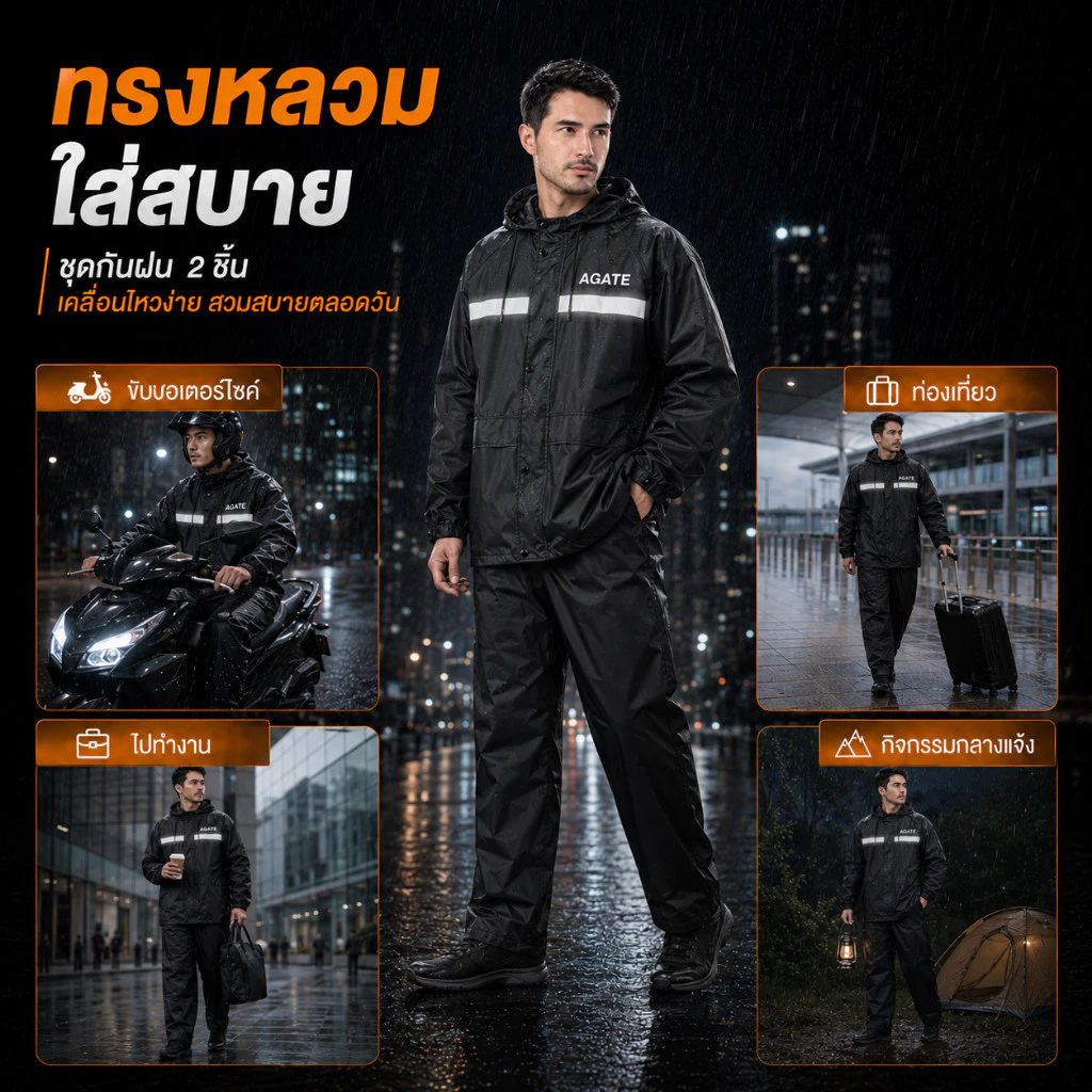 ชุดกันฝน เสื้อและกางเกง มีแถบสะท้อนแสง กันน้ำกันลม สำหรับมอเตอร์ไซค์ thumbnail 9