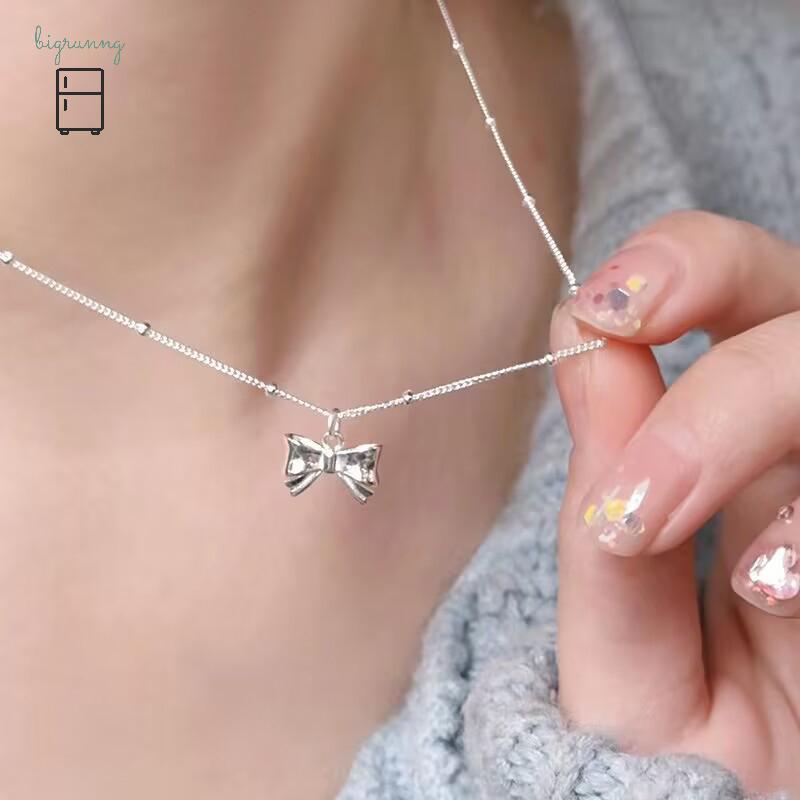 [BRN] สีเงินเรียบโบว์จี้ Nelace ผู้หญิงคอโซ่ Minimalist Ne CHAIN ของขวัญวันเกิดหรูหราเครื่องประดับ T