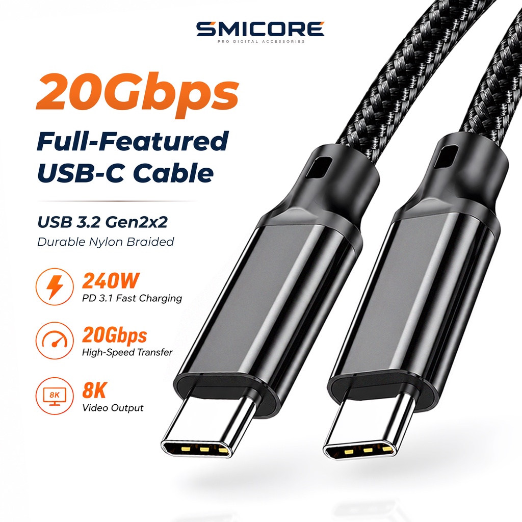 สาย USB-C USB 3.2 Gen2x2 20Gbps PD 240W สายถัก รองรับ DP Alt Mode ต่อจอ 8K ชาร์จเร็ว โอนข้อมูลไว Type-C
