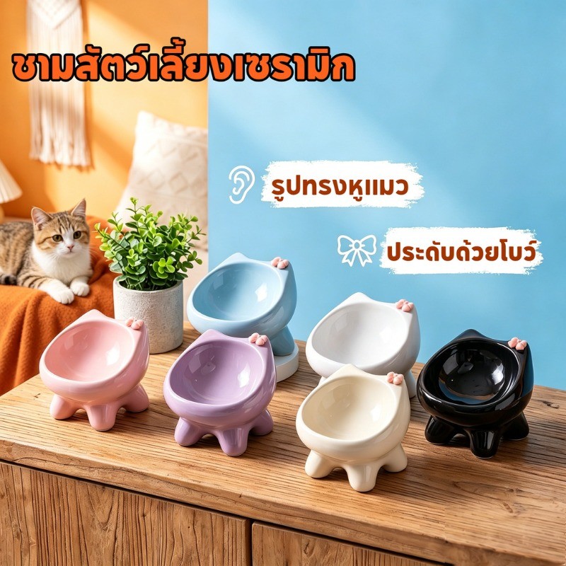 NEW! ชามอาหารสัตว์เลี้ยง ชามเซรามิกสำหรับน้องแมว ออกแบบเอียง 15 องศา ปกป้องกระดูกคอ ไม่กดหนวด