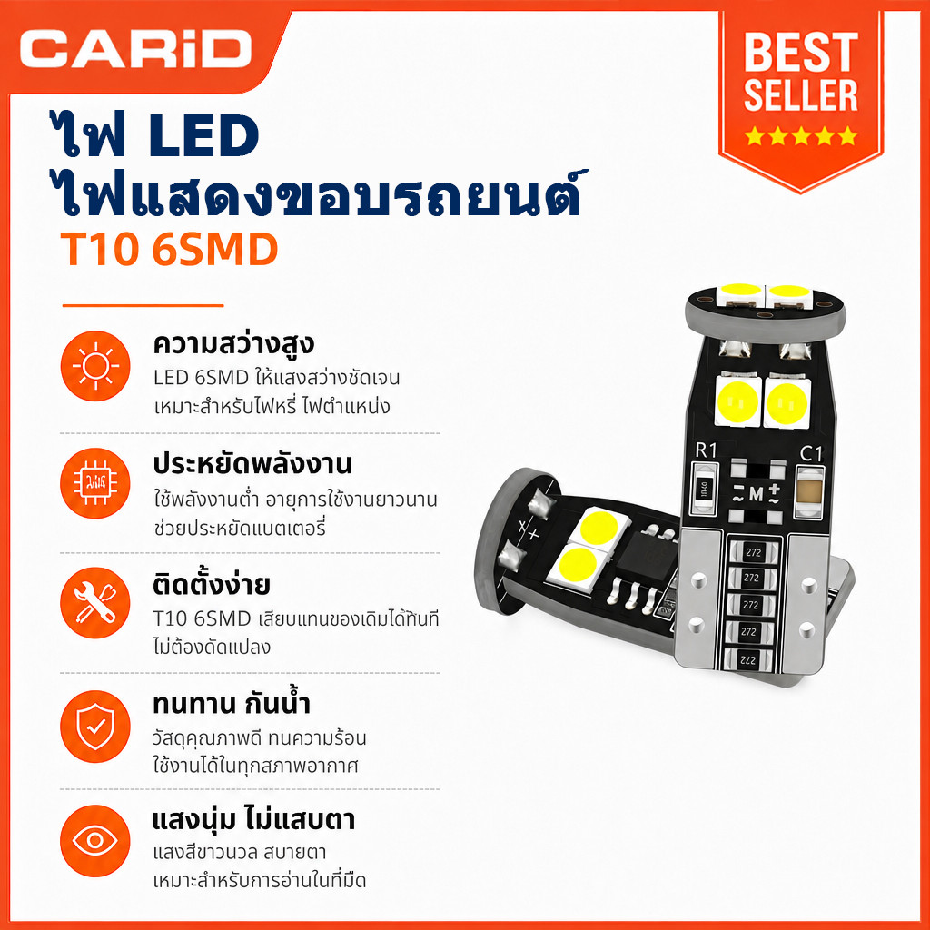 CARiD  CANBUS T10 LED W5W 12V รถยนต์ไฟหรี่หน้า ไฟส่องทะเบียน ไฟอ่านแผนที่ ไฟห้องสัมภาระท้ายรถ