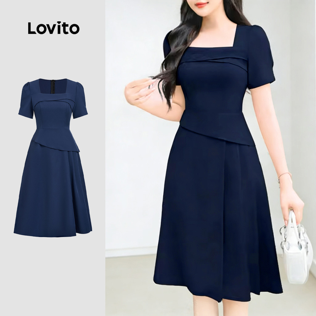 Lovito เดรสผู้หญิงสีน้ําเงินกรมท่า สไตล์หรูหรา ดีไซน์ไม่สมมาตร มีจีบพลีต สวยงาม สําหรับฤดูใบไม้ผลิ/ฤดูร้อน L172ED402