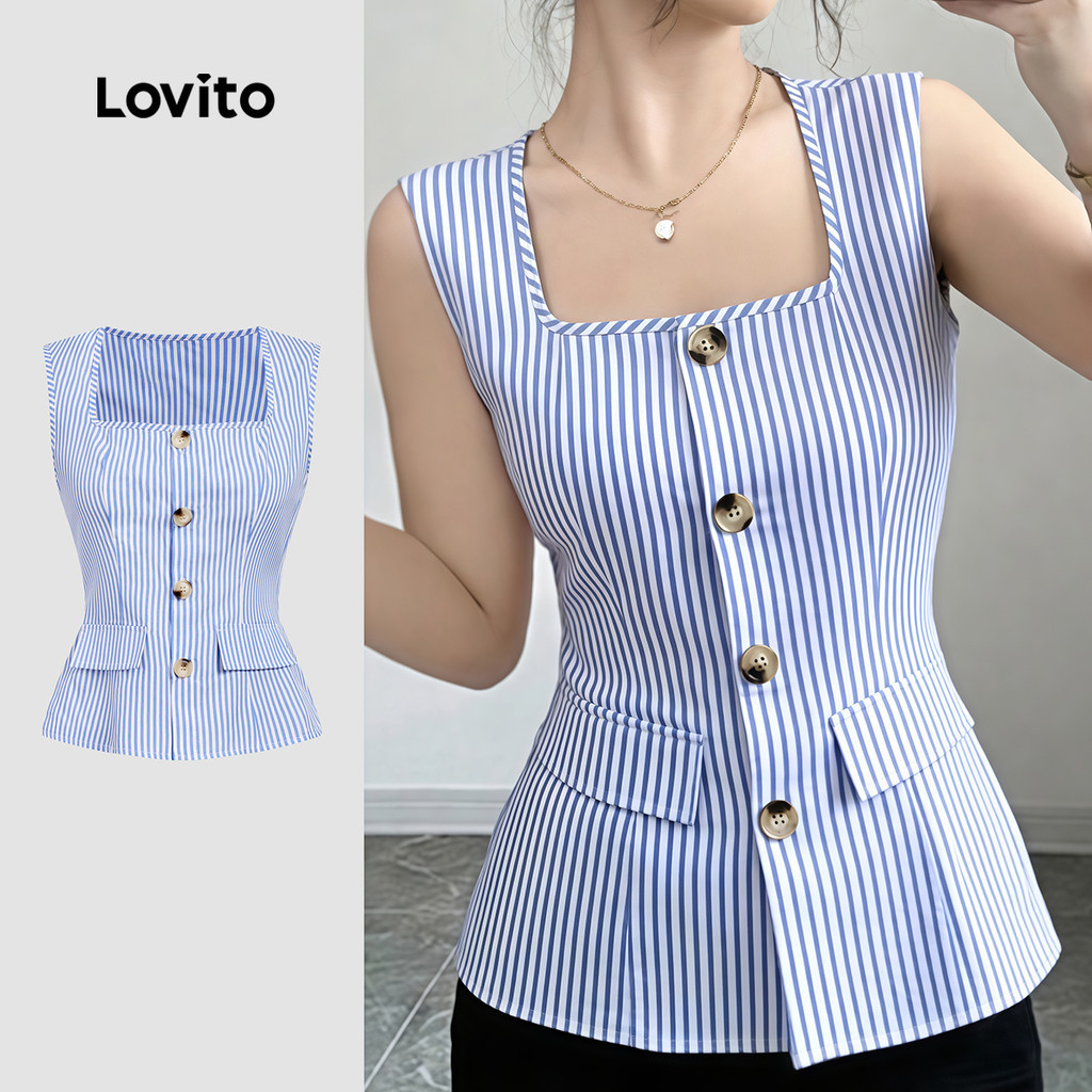 Lovito  เสื้อลําลองผู้หญิง สีฟ้า ขาว สไตล์ฤดูใบไม้ผลิ ฤดูร้อน มีกระเป๋าปลอม กระดุมหน้า LK3ED2050