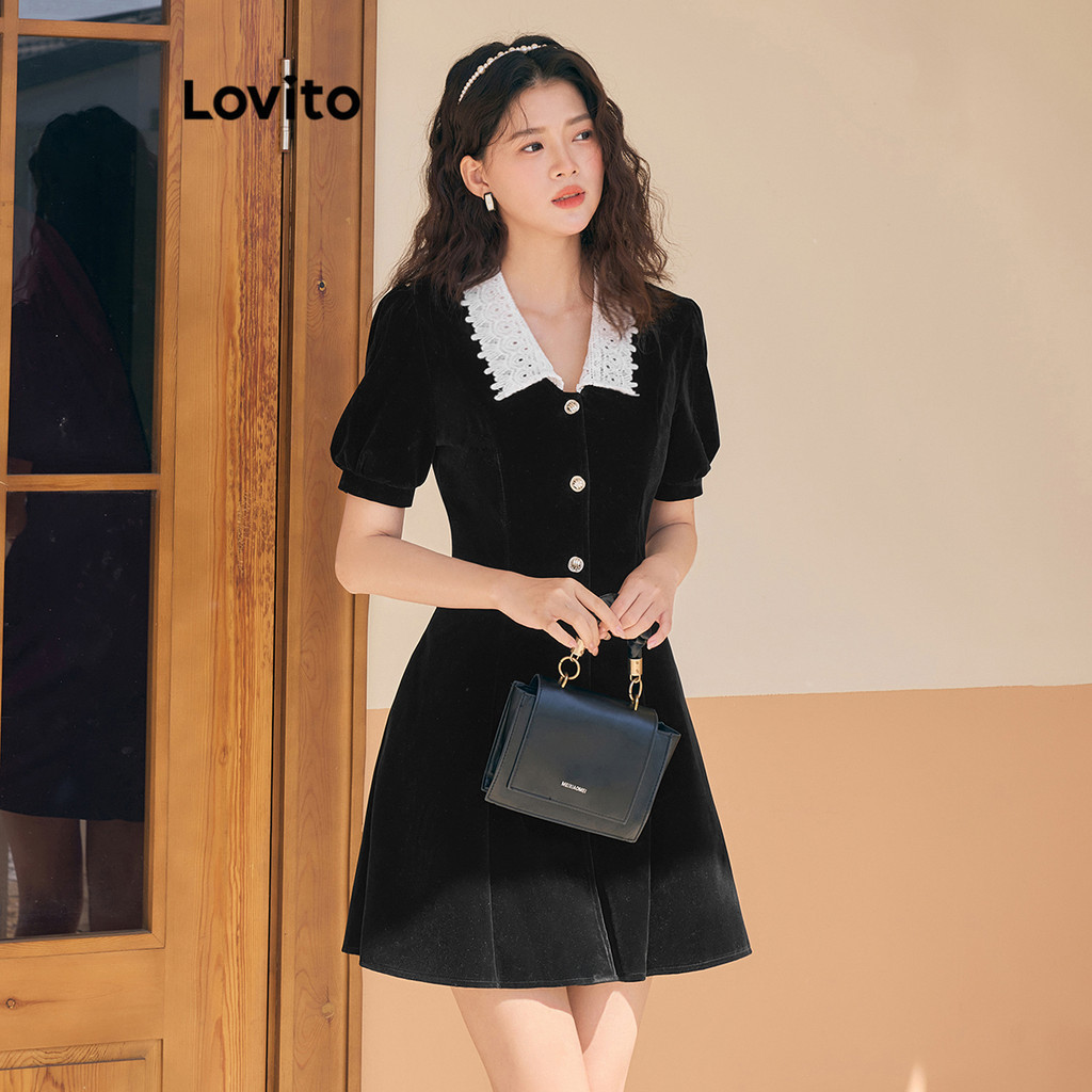 Lovito เดรส ผ้าลูกไม้ มีระบาย คอเรียบๆ สไตล์ลำลอง สำหรับผู้หญิง  L110AD460