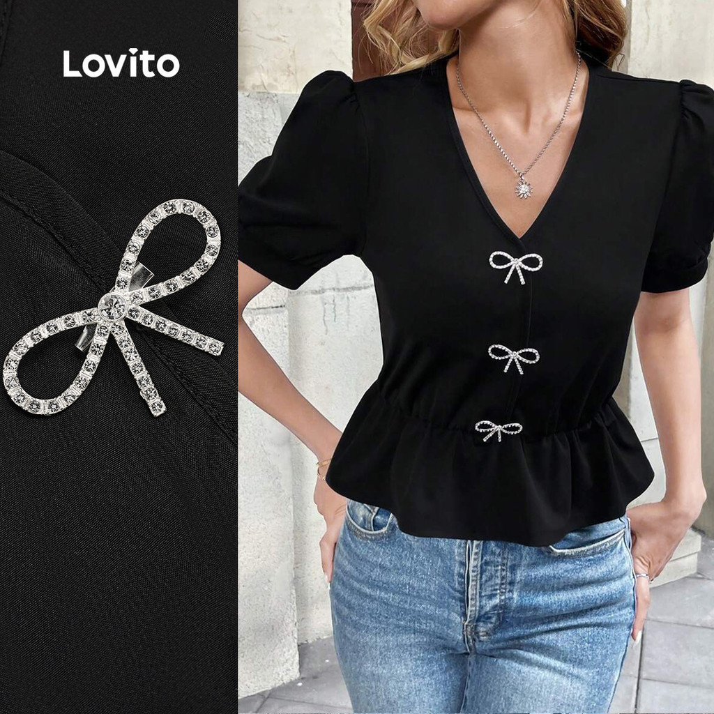 Lovito เสื้อบลาสท์ลำลองประดับคริสตัลเข็มขัดโบว์ชายรุ้งทรงระบายชายเสื้อฤดูใบไม้ผลิ/ฤดูร้อน สีดำ L138AD846