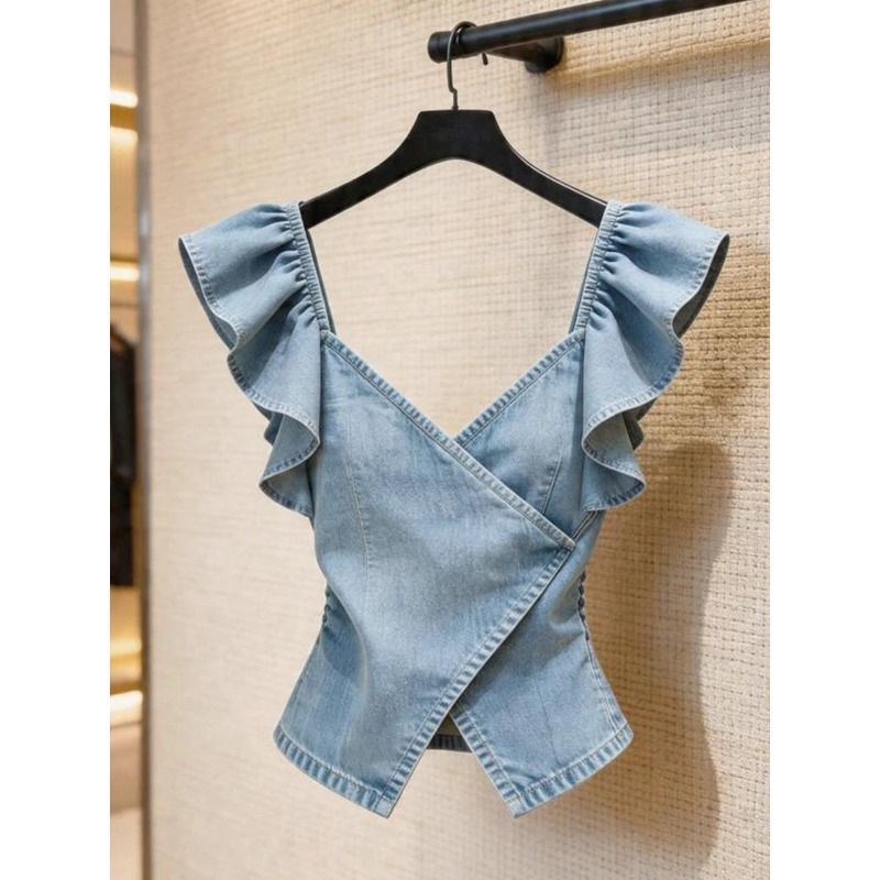 [จํากัดเวลา Seckill] Pure Desire Hot Girl Temperament Square Neck Denim Vest 2026 ฤดูร้อนสไตล์ใหม่แขนบินขนาดเล็กสวยลดอายุ Filigree Filigree Top Women