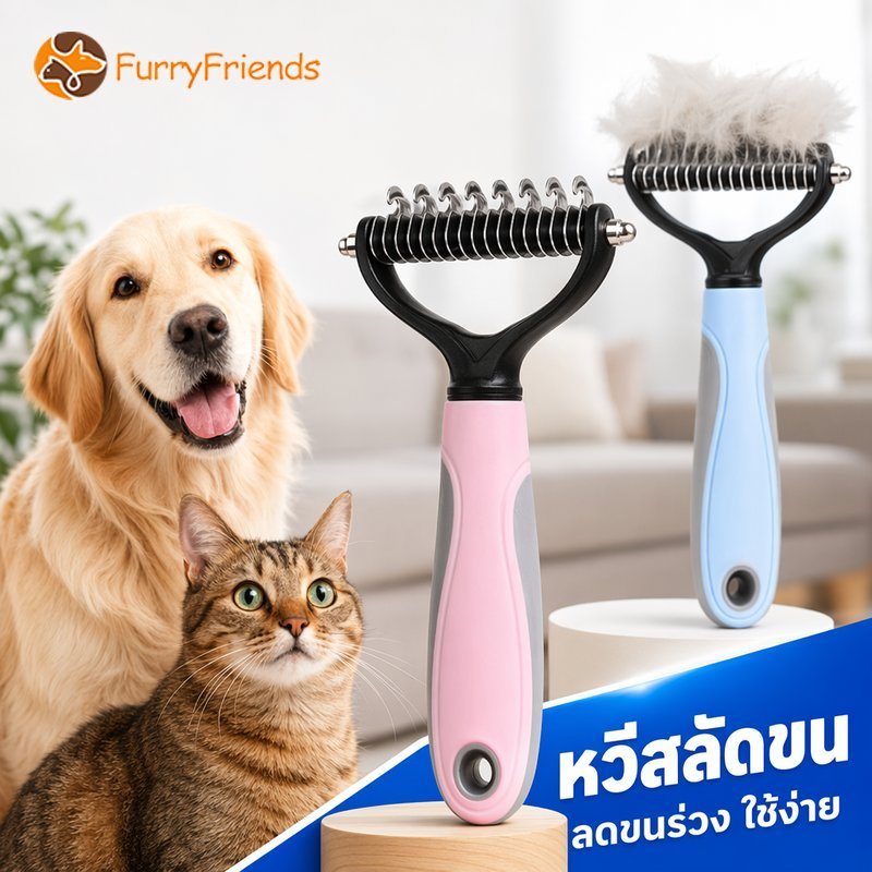 หวีสางขนสัตว์เลี้ยง หวีสุนัข หวีแมว แปรงขนสองด้าน กำจัดขนพันกัน ซี่สแตนเลส ด้ามจับถนัดมือ