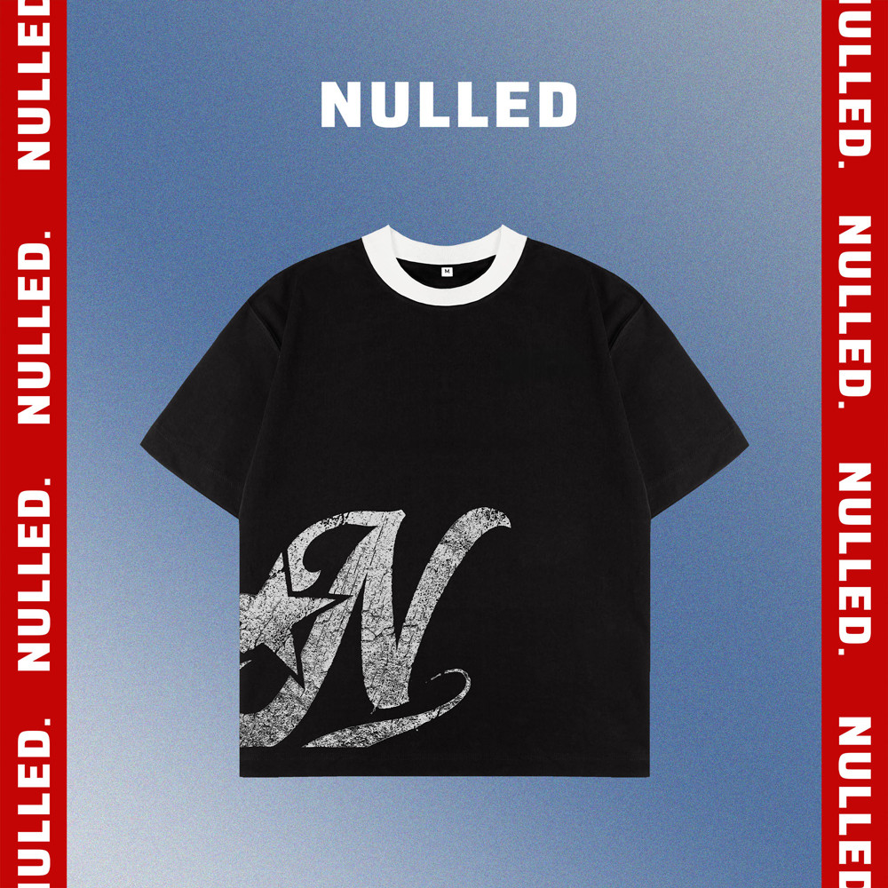 เสื้อยืดพิมพ์ลาย NULLED แบบกล่อง ผ้าฝ้าย 2 ทางเท่ๆ สีดํา พร้อมคอปก Y2K Grunge Tee vintage | N-T333-H