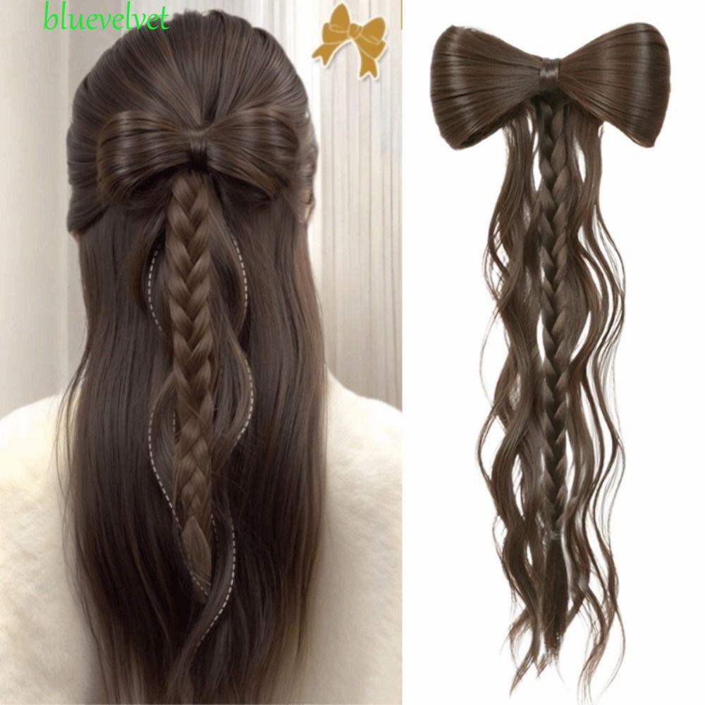 BLUEVELVET วิกผมหางม้า Bowknot สไตล์โบราณ Hanfu ผมหยิกคลิปผม Bun, อินเทรนด์ธรรมชาติหัวบอลวิกผม Cheongsam ครึ่งขึ้นผมหางม้าสูงสําหรับผู้หญิง