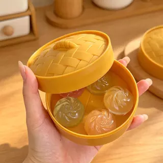 ชุดสกุชชี่อาหารเช้าจีนขนาดเล็กแปลกใหม่-สุ่มของเล่นซาลาเปาสีใสพร้อมตะกร้าเก็บ