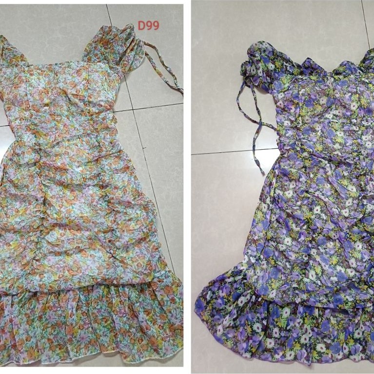 D98-D99 [Selection] เดรสลายดอกไม้เปิดไหล่พร้อม Ruffles - Flattering Beach Maxi Dress (สีม่วง D98 / ส