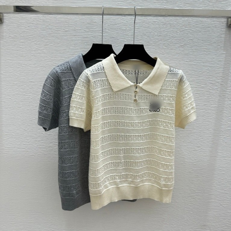 9EKO Lo//e Summer new style solid color simple lapel knitted short-sleeve top for women with hollow 