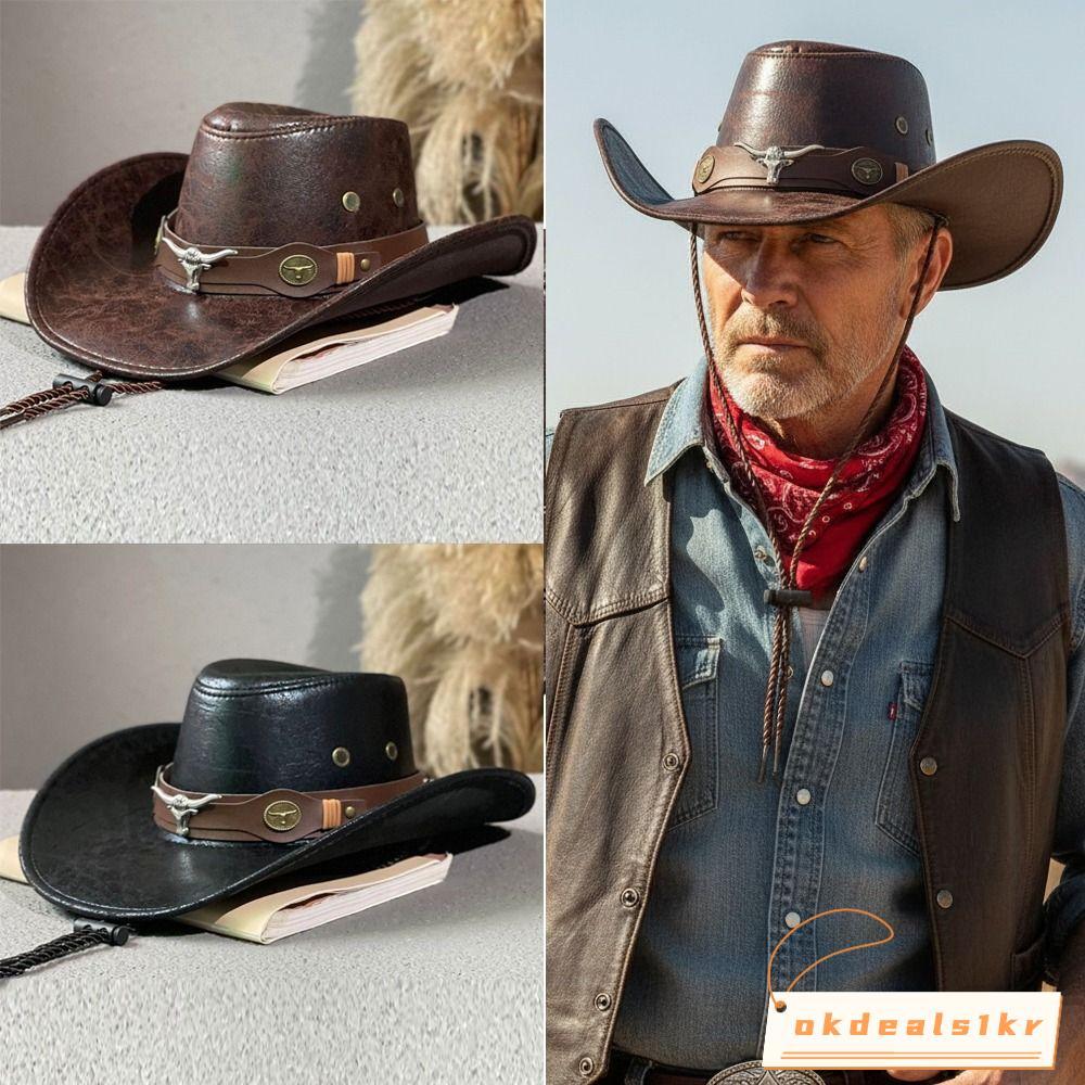 IOKDEALS1 Western หมวกคาวบอย, Retro Bull Head Buckle Faux หนังคาวบอยหมวก,แฟชั่น Vintage กว้าง Brim Sun หมวกสําหรับผู้ชายผู้หญิง