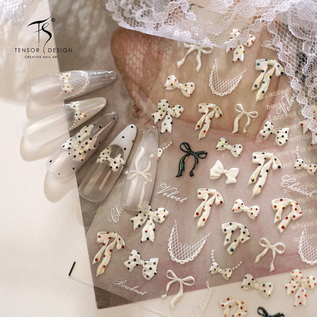 [Meow.Sensei] TENSOR สติ๊กเกอร์ติดเล็บโบว์ลายจุดลูกไม้อ่อนโยน M-1459 French Ballet Style Bow Nail Sticker
