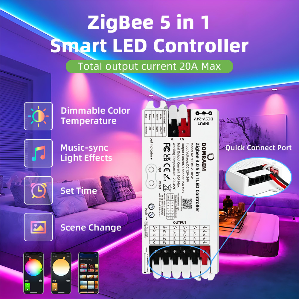 DOMRAEM Zigbee 3.0 สมาร์ท 5 in1 LED Controller DIMMER WW/CW RGB RGBWCCT Strips ทํางานร่วมกับ 3.0 Hub