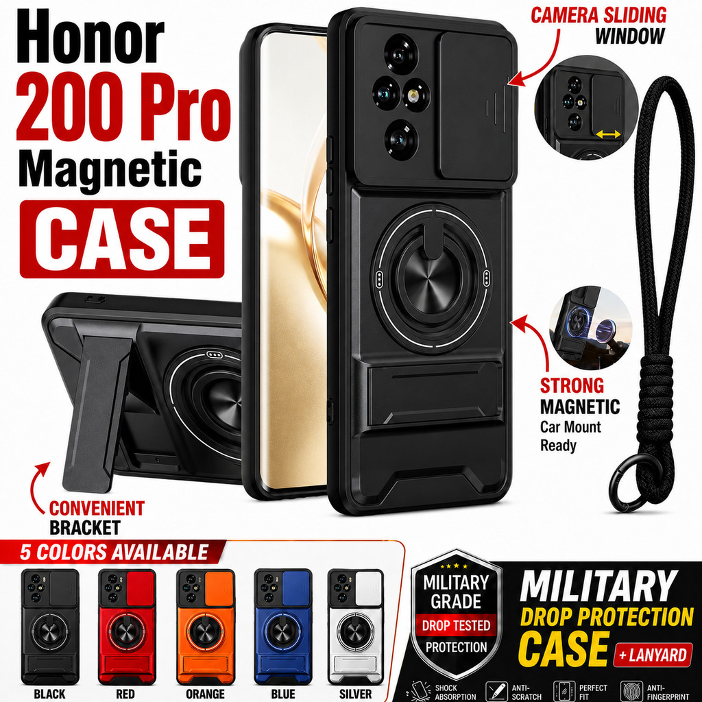 เหมาะสําหรับ Honor 200 Pro 400 Lite 500 สมาร์ท 600 5G เคสโทรศัพท์แม่เหล็กที่แข็งแกร่งพร้อมเชือกเส้นเล็ก 360° ที่วางขาตั้งแหวนติดรถยนต์ป้องกันเลนส์กล้องกันกระแทกฝาครอบป้องกัน