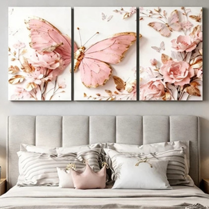 ชุด 3 ชิ้น ภาพวาดตกแต่ง ลายดอกไม้และผีเสื้อ สีโรสโกลด์ ระดับหรู ห้องนั่งเล่น ห้องนอน ตกแต่งผนัง