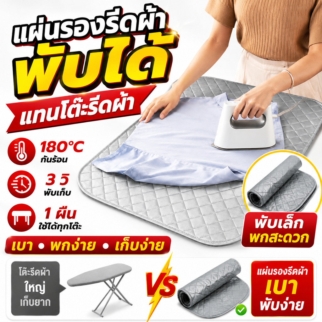แผ่นรองรีดผ้าแม่เหล็ก 45x85ซม. พับเก็บง่าย ทนความร้อน180°C รีดผ้าได้ทุกมุมบ้าน แทนโต๊ะรีดผ้า เบา ประหยัดที่ พกพา สีเงิน
